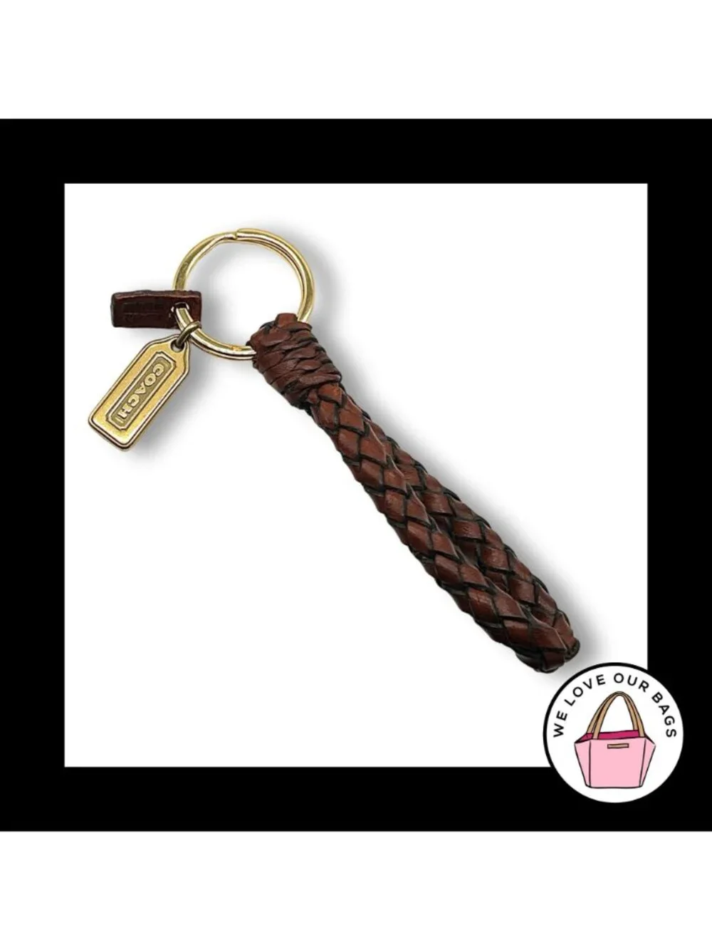 New VINTAGE COACH Braided Brown Leather Strap KeyFob Bag Charm Keychain Tag 7204 - Picture 3 of 4